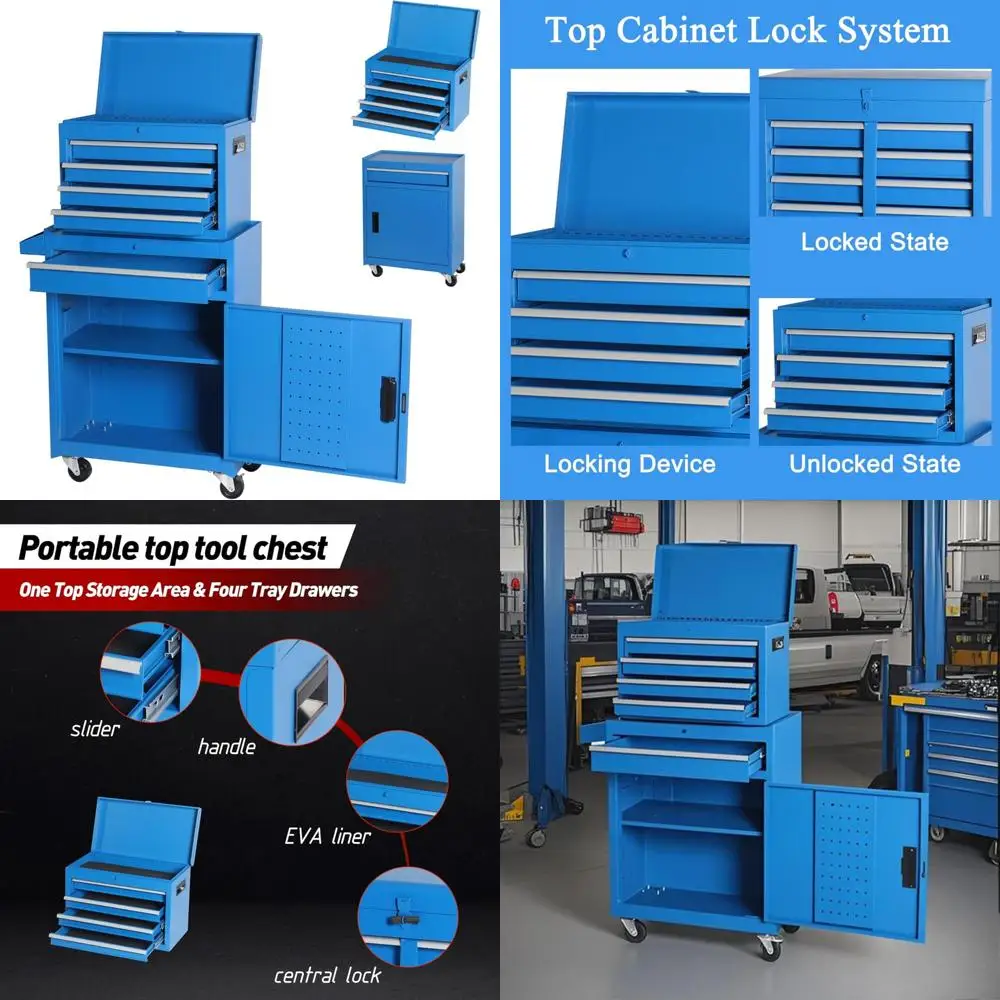 

Multifunctional Rolling Metal Tool Cart with 5 Drawers, 1 Cabinet, Removable Top, and Storage Organizer Set for Workshop