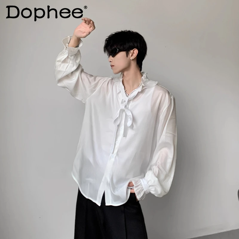 

Мужские осенние новые модные рубашки с кружевным воротником-стойкой, легкие роскошные дизайнерские топы с галстуком-бабочкой, мужские однотонные шифоновые элегантные рубашки