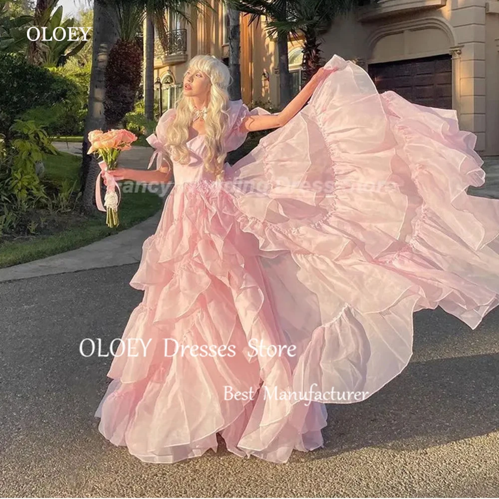 

OLOEY Pink Selkie Princess Prom Dresses Ruffles Sweetheart Long Birthday Party Dresses Short Sleeves Graduation Gowns for Girls