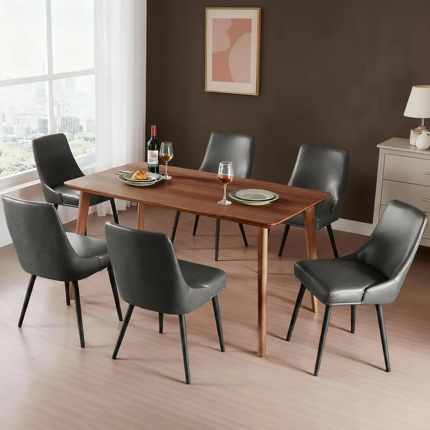 

Dining Chairs Set of 6 with Thick Seat Cushion and Curved Back, Synthetic Leather Mid-Century Dinner Chair for Kitchen, Dining R
