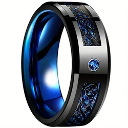 Anello in carburo di tungsteno 8mm uomo e donna anello di fidanzamento nuziale in fibra di carbonio blu zircone intarsiato modello drago usura quotidiana della data