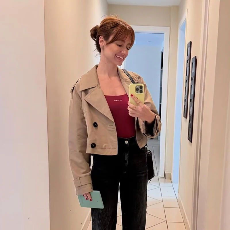 Trench corto doppiopetto moda donna Colletto rovesciato Cappotti a maniche lunghe Capispalla femminile vintage Top chic