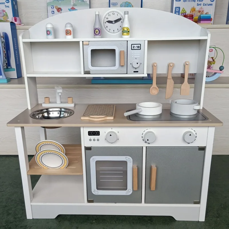 Boys and girls wooden play house kitchen wooden simulation kitchen utensils children cooking kindergarten play experience hall