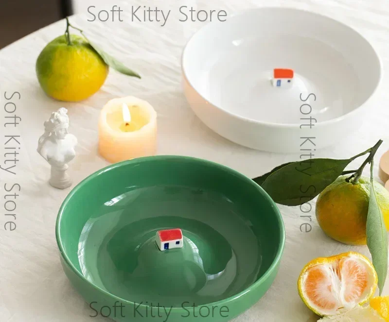 Household Tableware Ceramic Fruit Salad Bowls Utensils for Kitchen Plates Soup Dessert Snack Ramen Bowl with Red House White