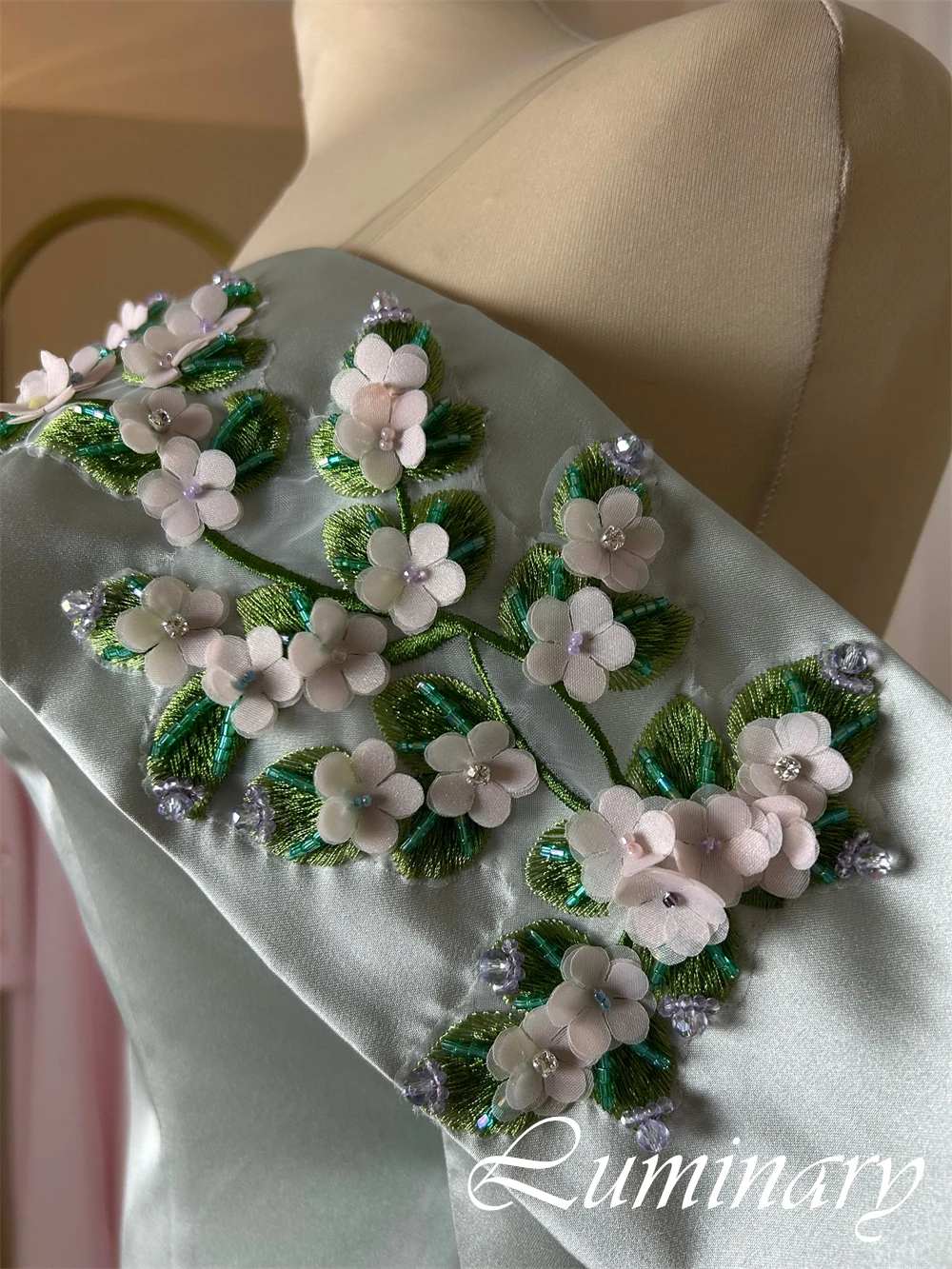 Customized Strapless Long Sleeves Cocktail Dress A-Line Floor Length High Quality Evening Dress Pearls Sequined Crystal Flowers