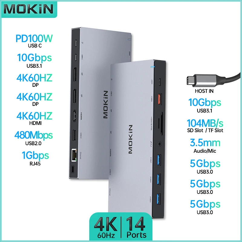 

MOKiN 14 in 1 Docking Station for MacBook Air/Pro, iPad, Thunderbolt Laptop - USB3.0, Type-C, HDMI 4K, PD 100W, RJ45 1Gbps