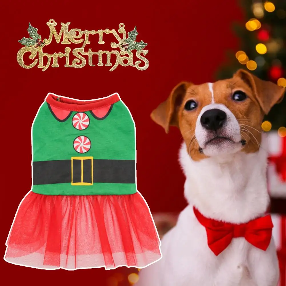 Christmas Dog Dress Mesh Stitching Printed Skirt Outfit Party Dress Up Warm Pet Skirt Winter Pet Two-legged Clothes Pet Costume