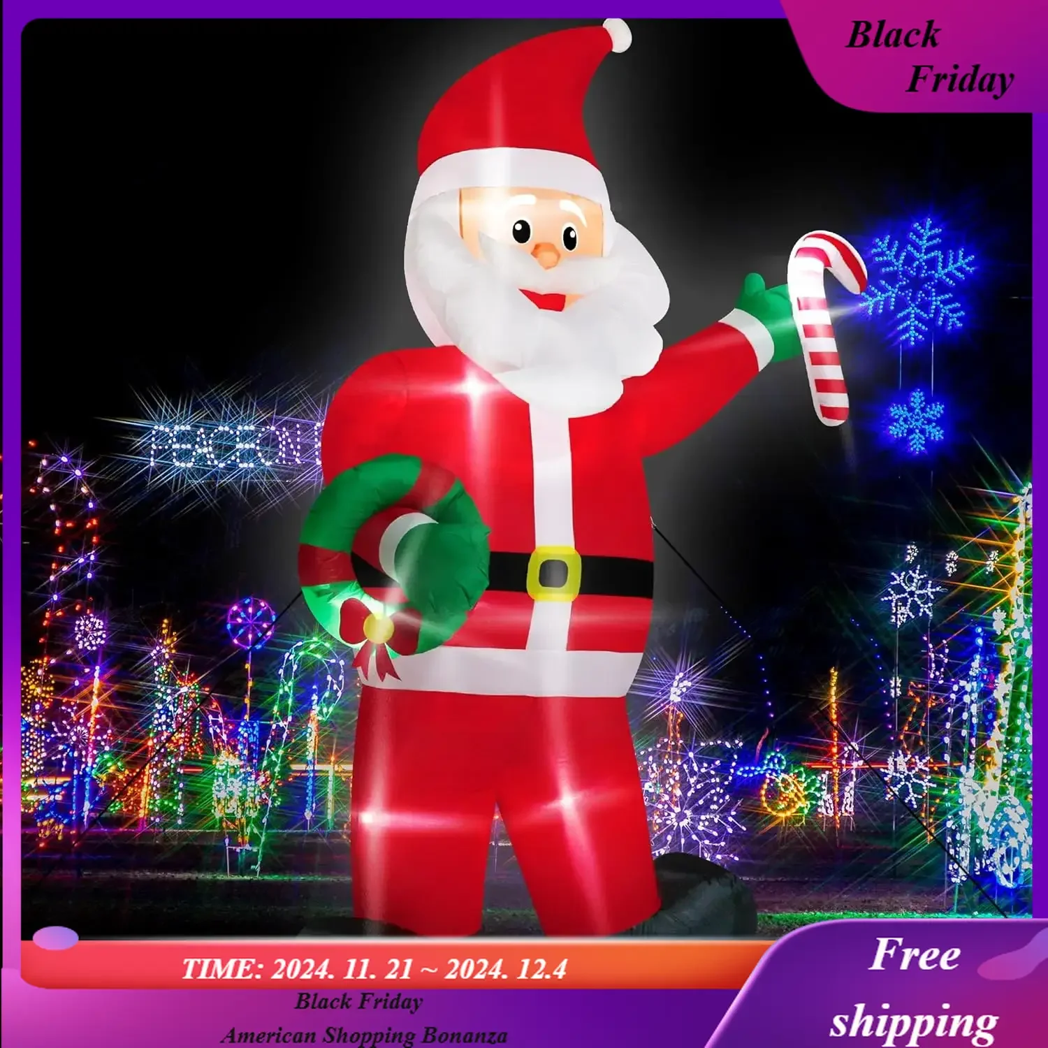 12FT Christmas Santa Inflatables, Giant Inflatable Santa Claus Holding Candy Cane, LED Lighted Blow Up Christmas Santa Claus