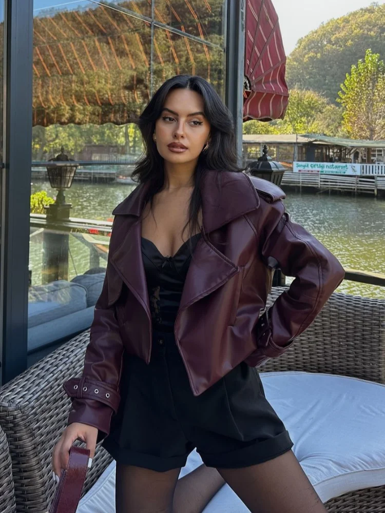 Women's Red Pu Leather Burgundy Solid Lapel Cropped Jackets Female Pockets Long Sleeves Short Coat 2025 Lady Autumn Streetwear