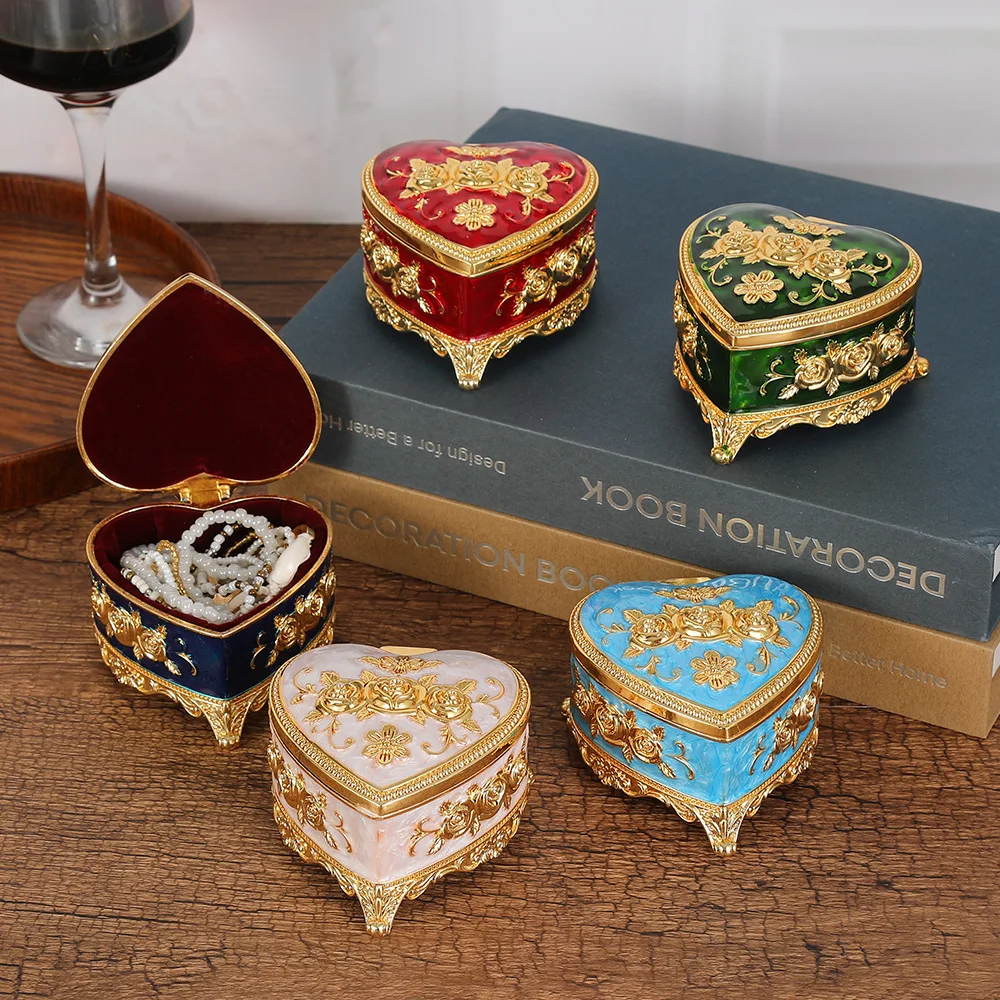 Classic Metal Jewelry Case with Rose Pattern Jewelry Storage Box for Ring Earrings Heart Shape Trinket Organizer Box