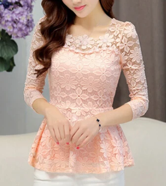 Plus size S-5XL New Women Long-sleeved Lace Shirt Slim High Waist Hollow crochet Flower Lace Blouse