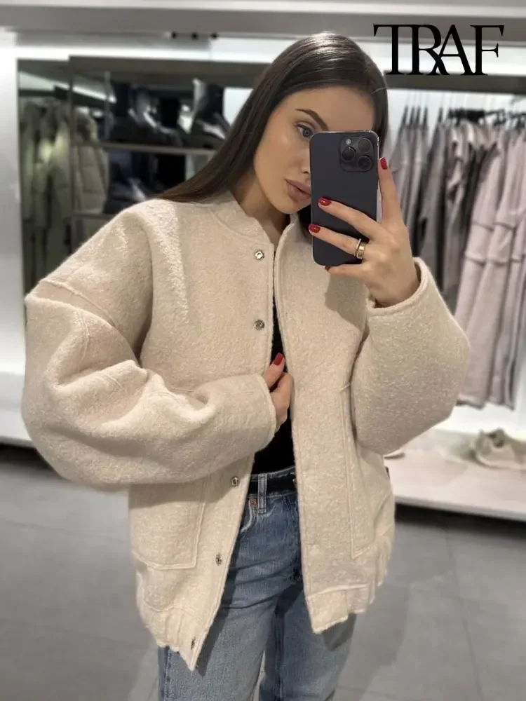 

TRAF Women Fashion With Pockets Oversized Bomber Jacket Coat Vintage Long Sleeve Snap Button Female Outerwear Chic Tops