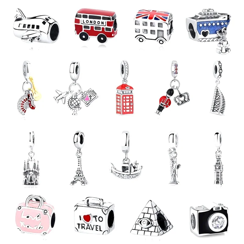 Abalorios Originales de Plata de Ley 925 con Temática de Amor, Viajes, Autobús de Londres, Maleta, París, Compatibles con Pulseras y Collares de Marca, Joyería DIY para Mujer