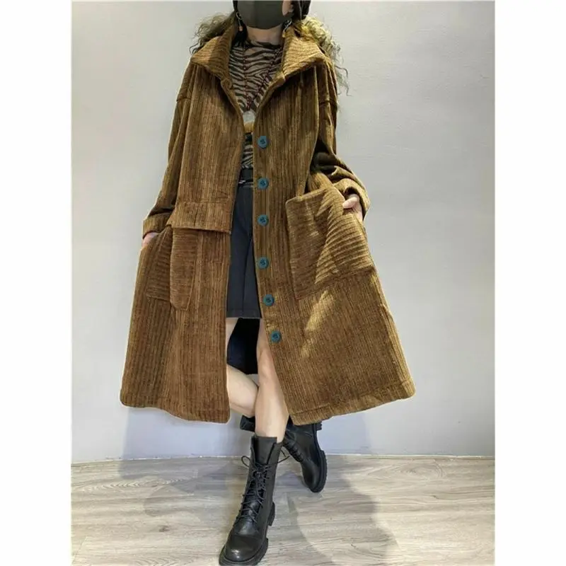 New Fashion Corduroy Windbreaker Coat Female Mid-Length Big Pocket Autumn Winter Jacket Korean Version Women's Outerwear