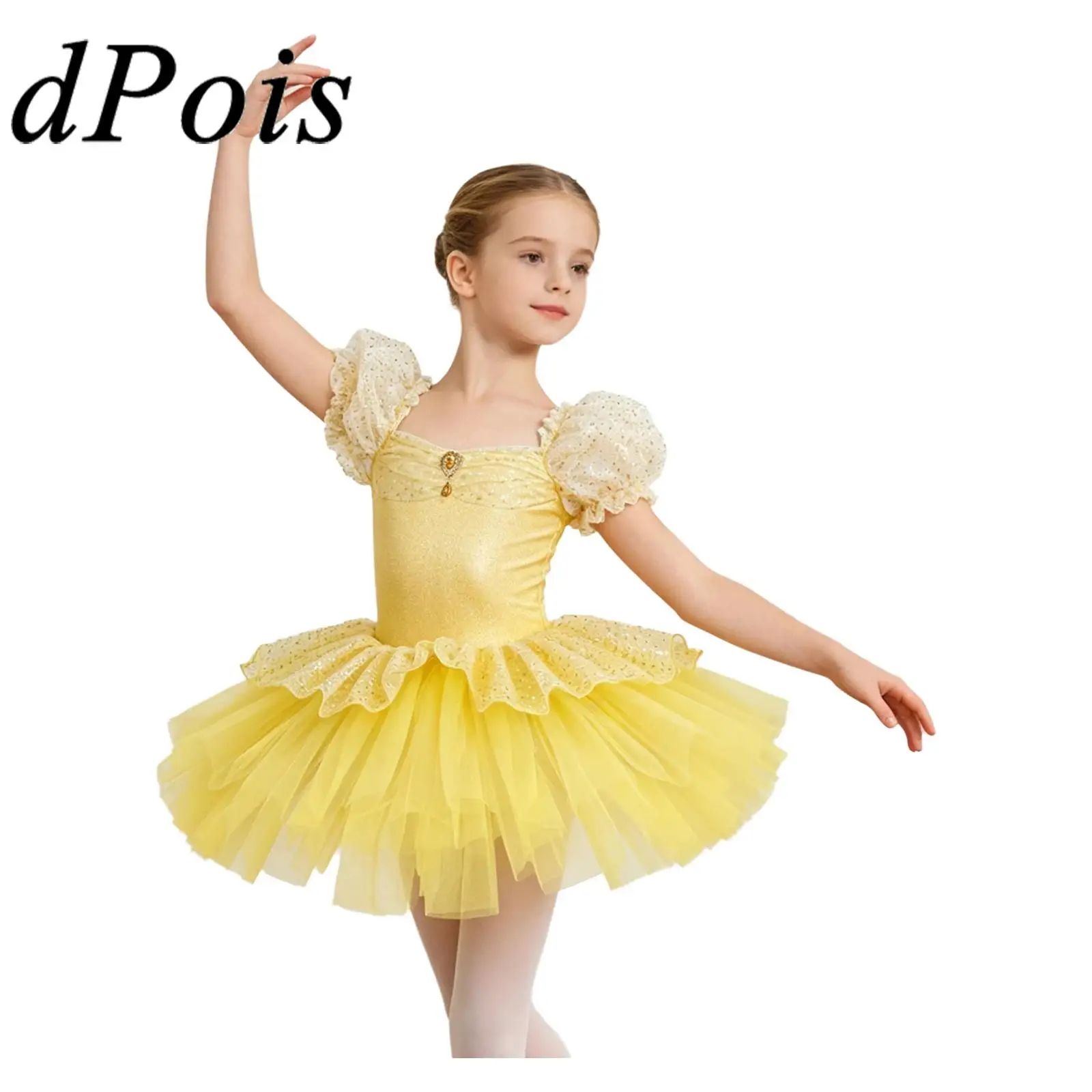 Girls Ballerina Dance Costume Children Tulle Tutu Princess Dress Ballet Clothes Kids Shiny Sequin Stage Performance Dance Class