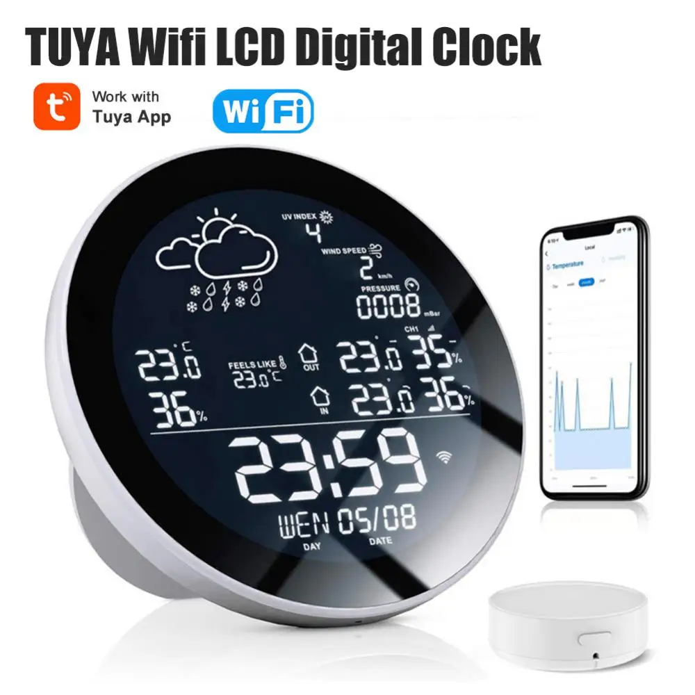 TUYA Wifi LCD Digital Clock Temperature Humidity Meter Indoor Outdoor Smart Thermometer Hygrometer Weather Station TH Sensor