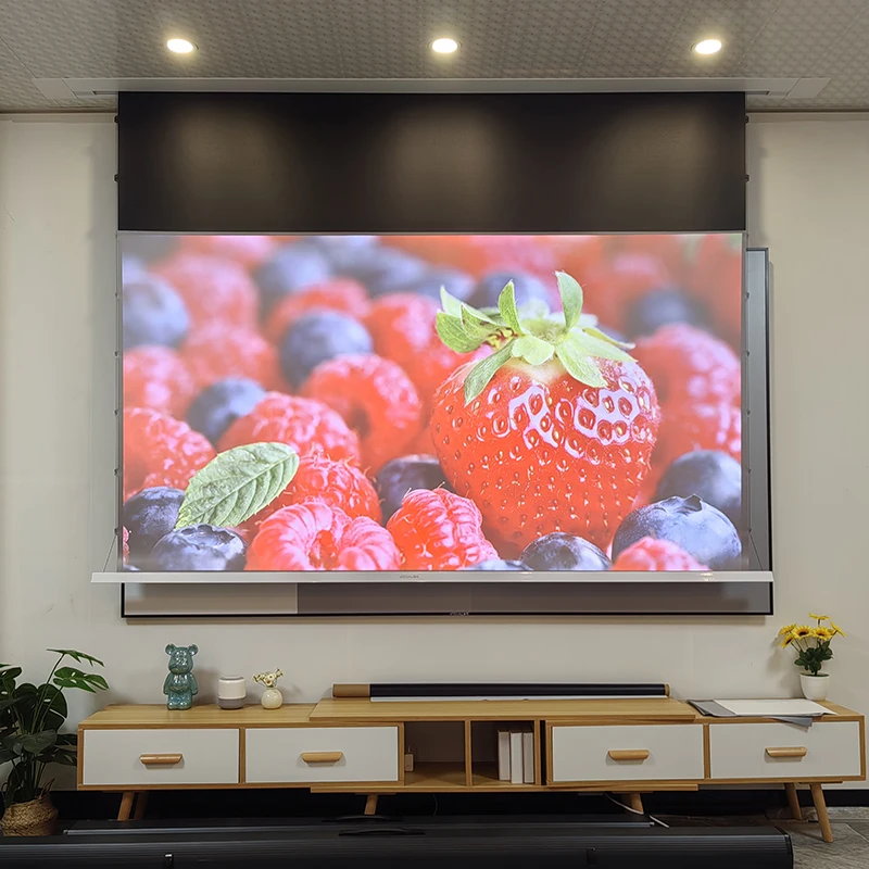 New In-Ceiling Electric Fresnel ALR Recessed Projection Screen AI Smart Tab-Tensioned Motorized Projection for Normal Projectors