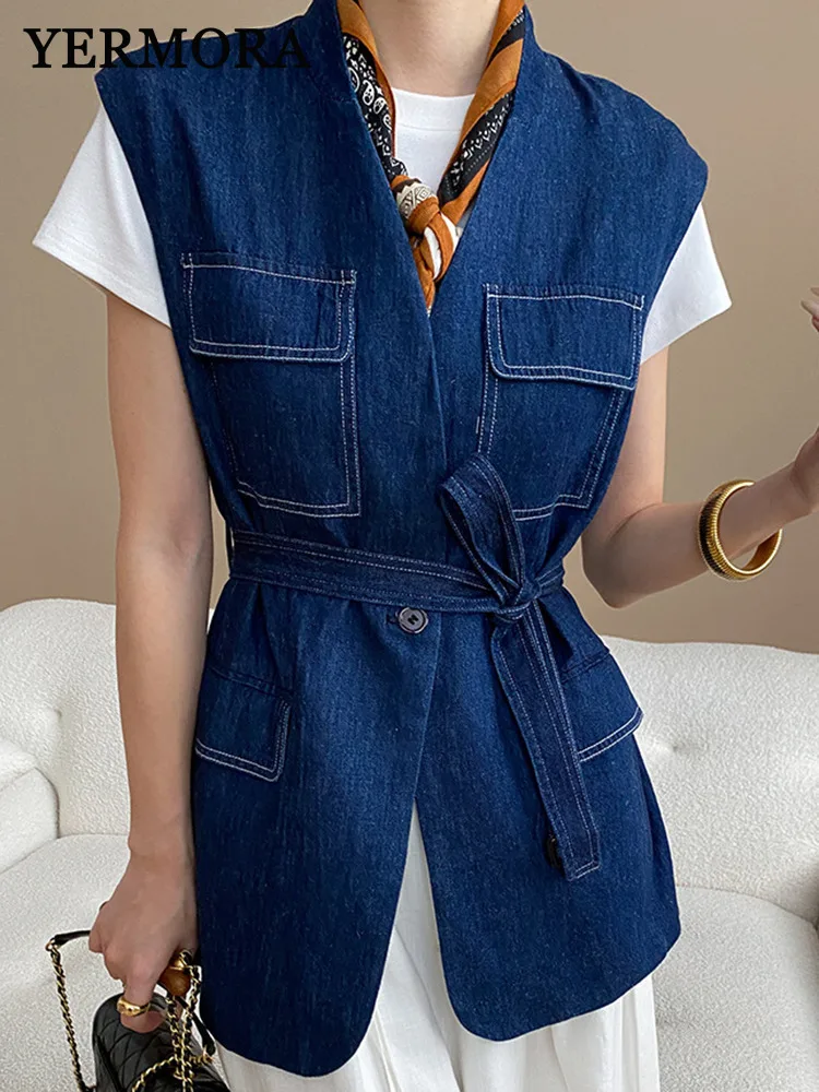 

YERMORA women blue belt pocket casual denim vest coat v-neck sleeveless loose new tops fashion tide spring autumn 2025