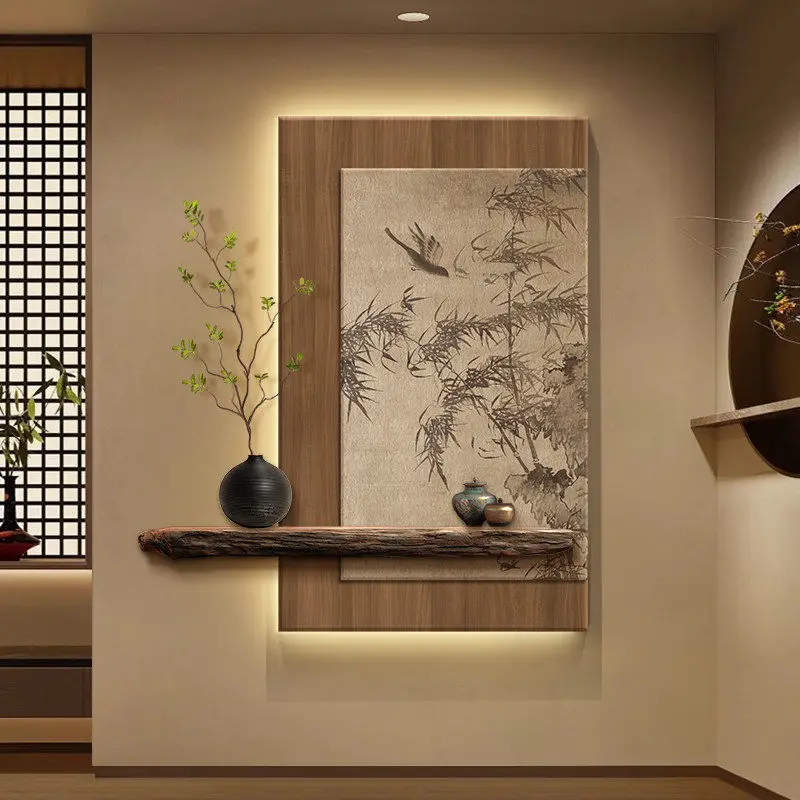 Decorative painting, high-end sense of entry, bamboo hanging painting, tea room atmosphere wall lamp opposite the door