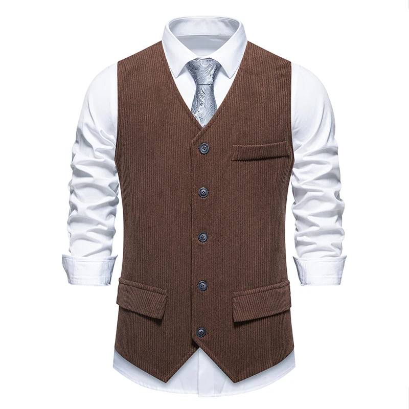 

Fashion Corduroy Men's Suit Vests Solid Color V-Neck Sleeveless Vintage Smart Casual Vest Men England Style Slim Suit Waistcoat