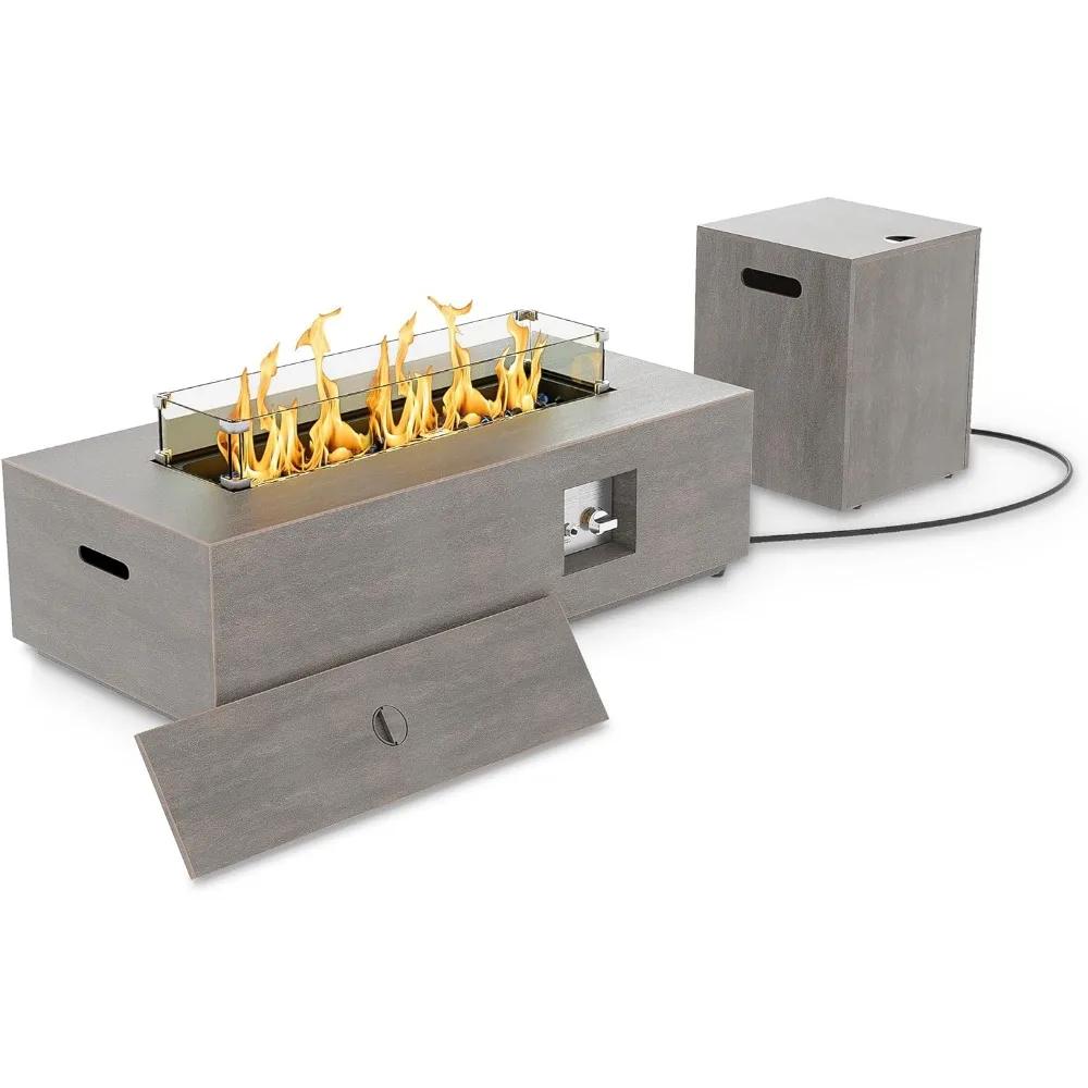 

42" Rectangular Propane Fire Pit – 50,000 BTU Fire Table with Wind Guard Glass, Lid, Rocks and Cover – Backyard Fire Pits Outdoo