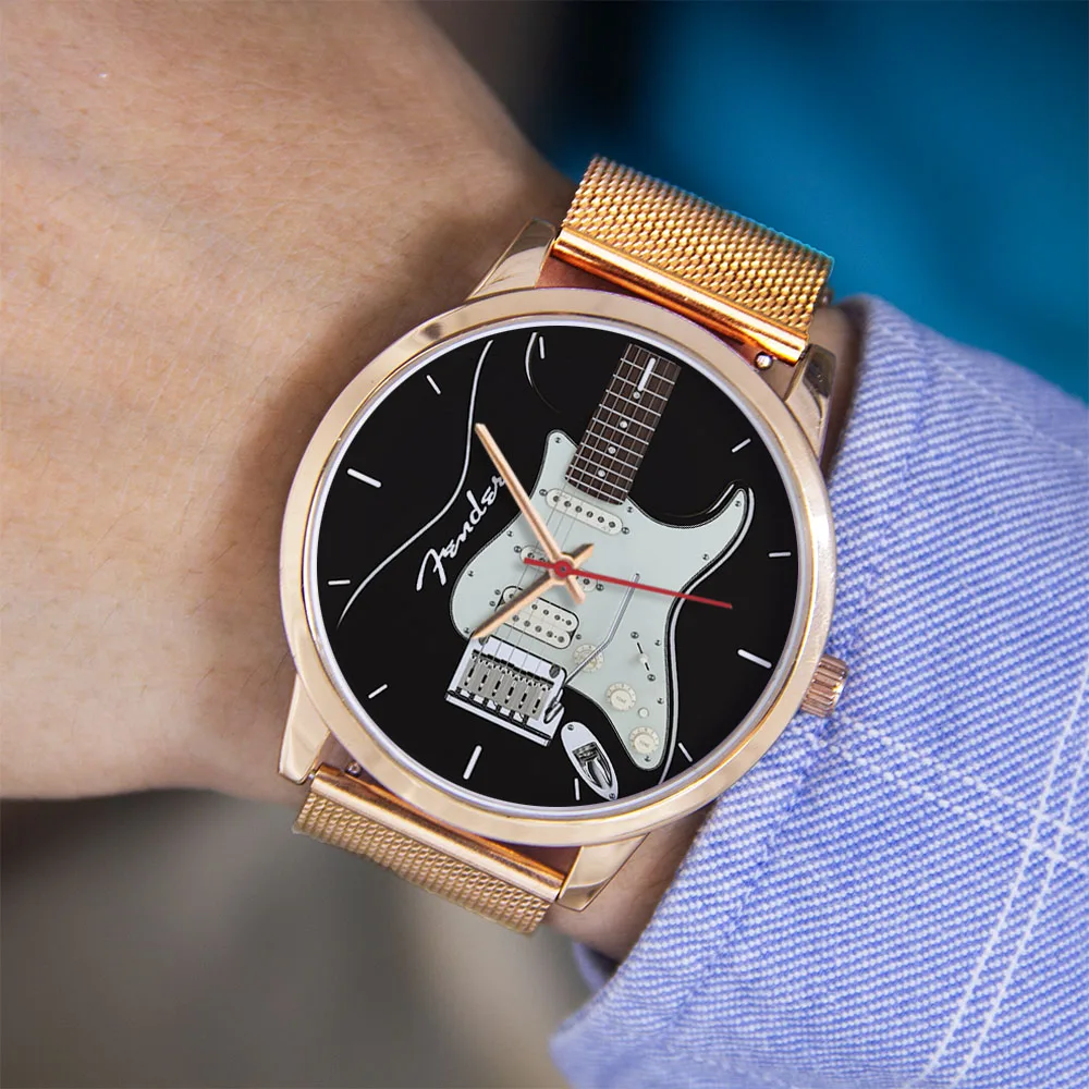 Guitar Bass Pattern Universal for Men Women Souvenir Composer Rose Gold Man Watch Silver Watches Black Bracelet Gift Clock