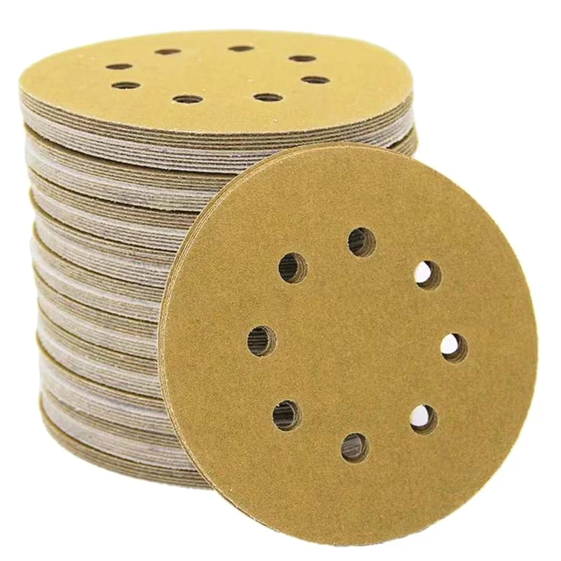 

100Pcs 5Inch Yellow Sanding Discs 8Hole P120 Hook And Loop Aluminum Oxide Sandpapers For Polishing Random Orbital Sander