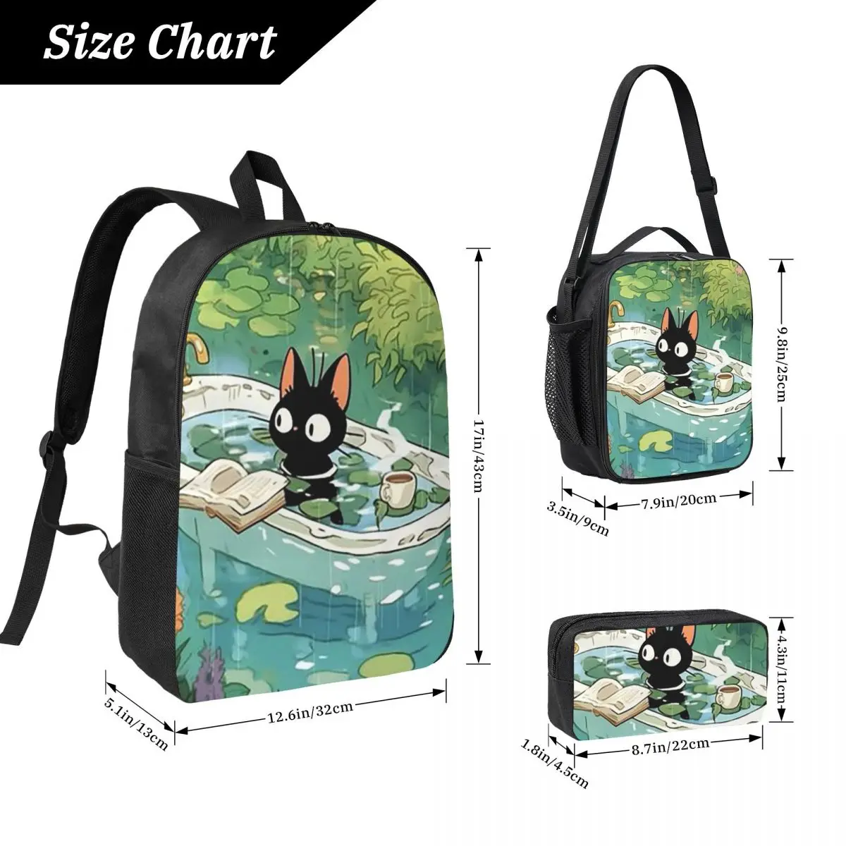 Summer Pool Cartoon Cat Anime Backpack Student BookBag School Bag Computer Shoulder Bags 3ps Insulated Lunch Bag Pencil Case