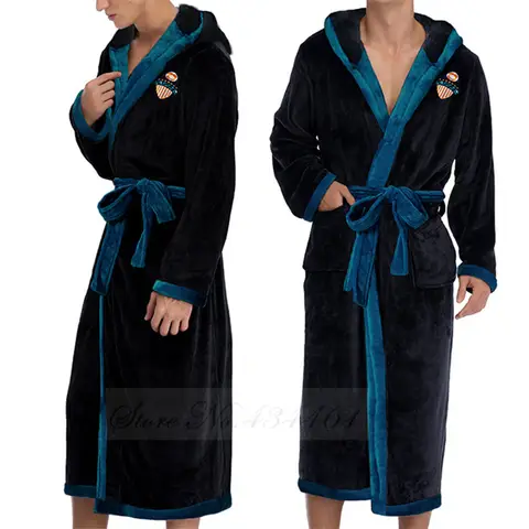 Winter Long Coral Fleece Hooded Robe Men's Flannel Home Clothes Kimono Bathrobe Gown Thicken Loose Casual Sleepwear Lounge Wear
