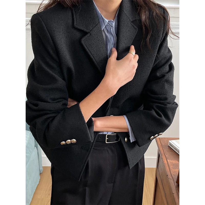 Blazer court noir à manches longues pour femmes, vestes trempées coréennes, mode élégante, combat de bureau, boutonnage simple