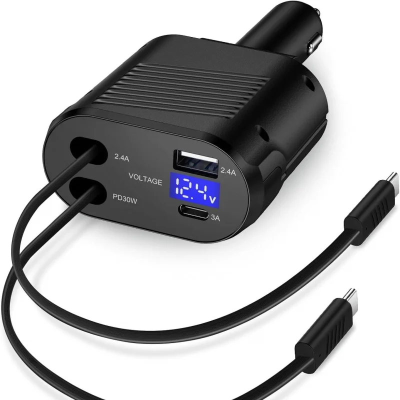 120W Retractable Car Charger 4 in 1 Fast Charging Adapter Auto Phone Power Supply Built-in Cord High Current