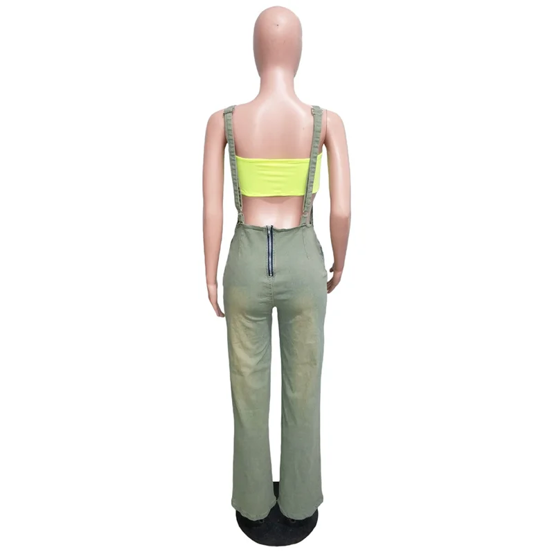 Slergiri 여성용 슬림 피트 신축성있는 워시 데님 전체 점프 슈트 streetwear 레트로 지퍼 백 포켓 올드 와이드 레그 점프 슈트