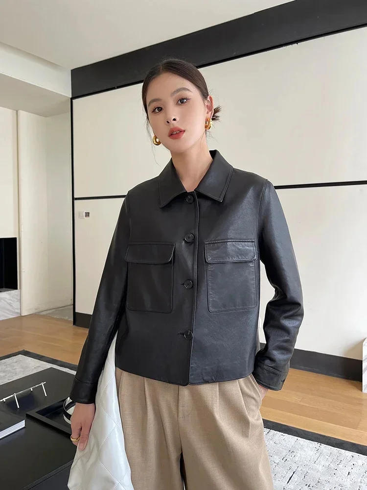 

Women's Black Sheepskin Coat Spring Autumn 2024 Trend High-end Simple Single Breasted Cropped Genuine Leather Jacket