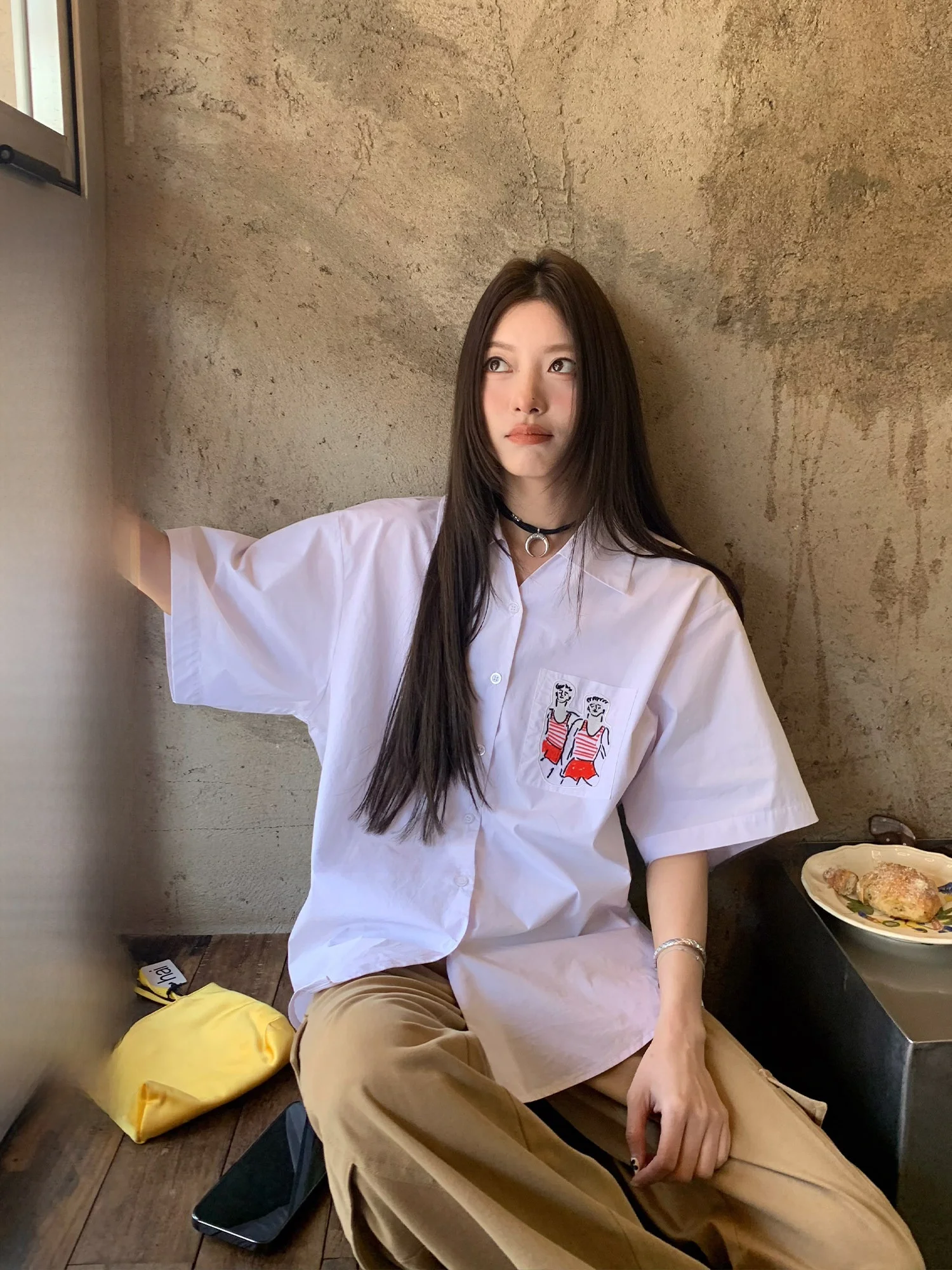 

Pure Cotton White irt ort Sve Cartoon Pattern Dental Retainer Dog Spring New Sle Loose Fit Commute Sle irt