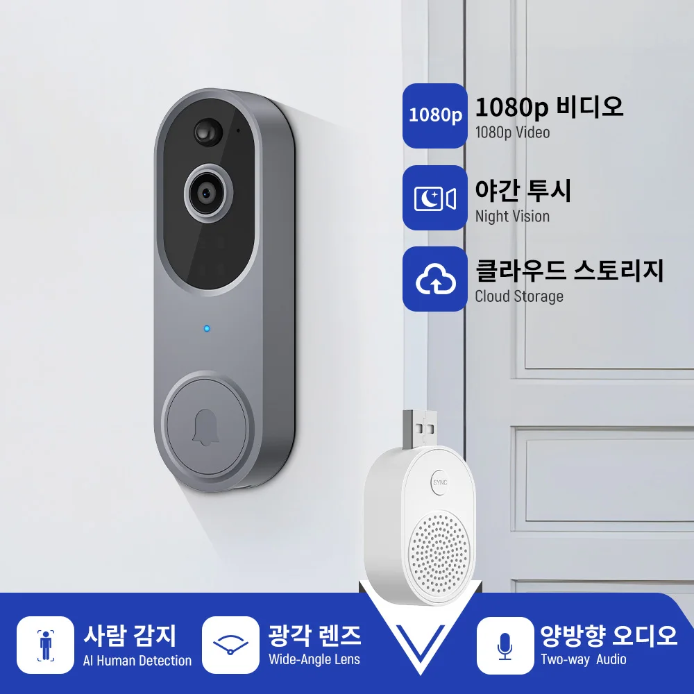 

PASO 1080P 스마트 비디오 초인종 포함 벨소리 광각 렌즈 배터리 전원 사람 감지 양방향 오디오 야