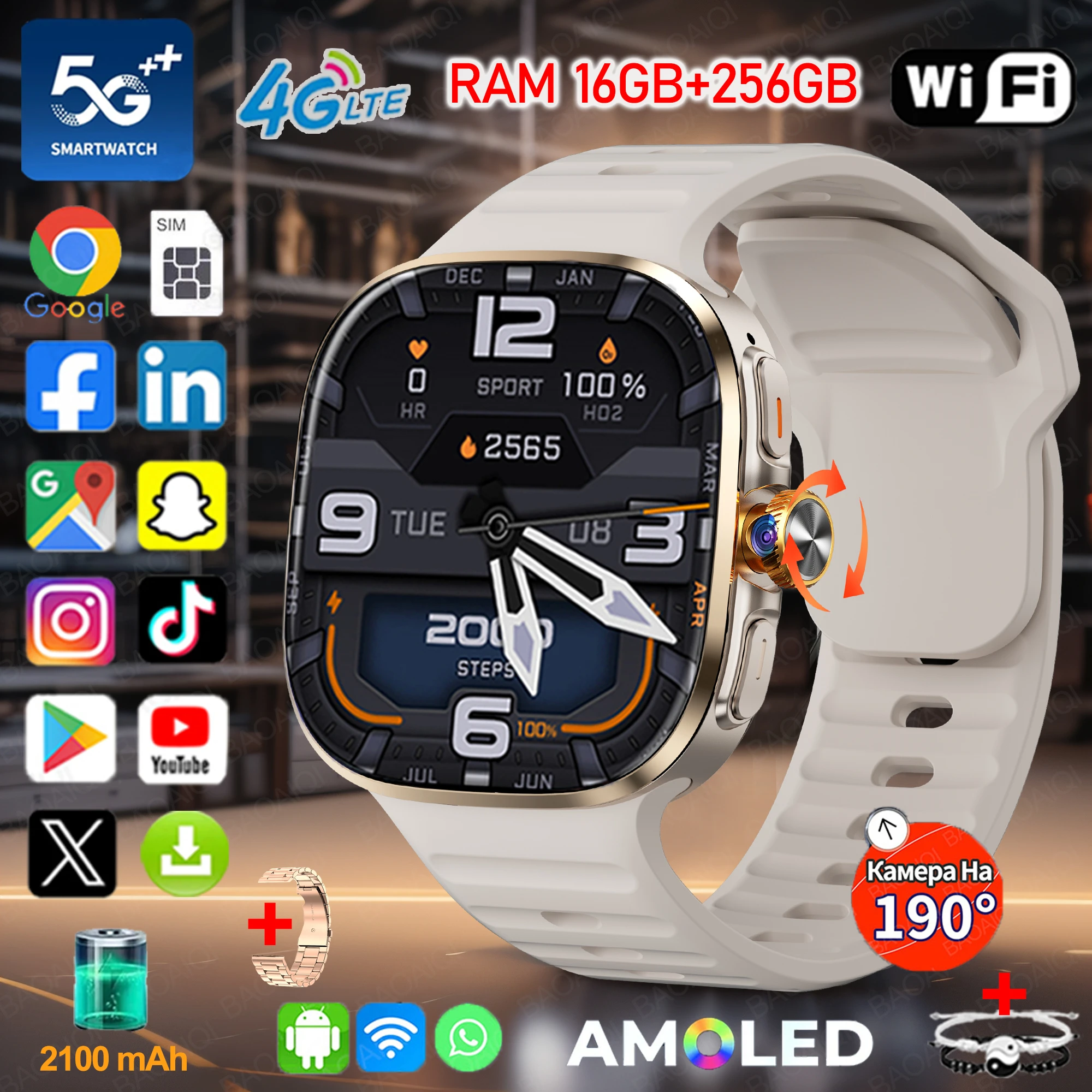 �y�Z�[�����z5G/4G�t���l�b�g���[�N�Ή��X�}�[�g�E�H�b�` 720*720 AMOLED�X�N���[�� 16GB+256GB RAM 900W�r�f�I�ʘb 190 °   �J���� GPS WIFI Google Play �E�H�b�` �X�}�[�g