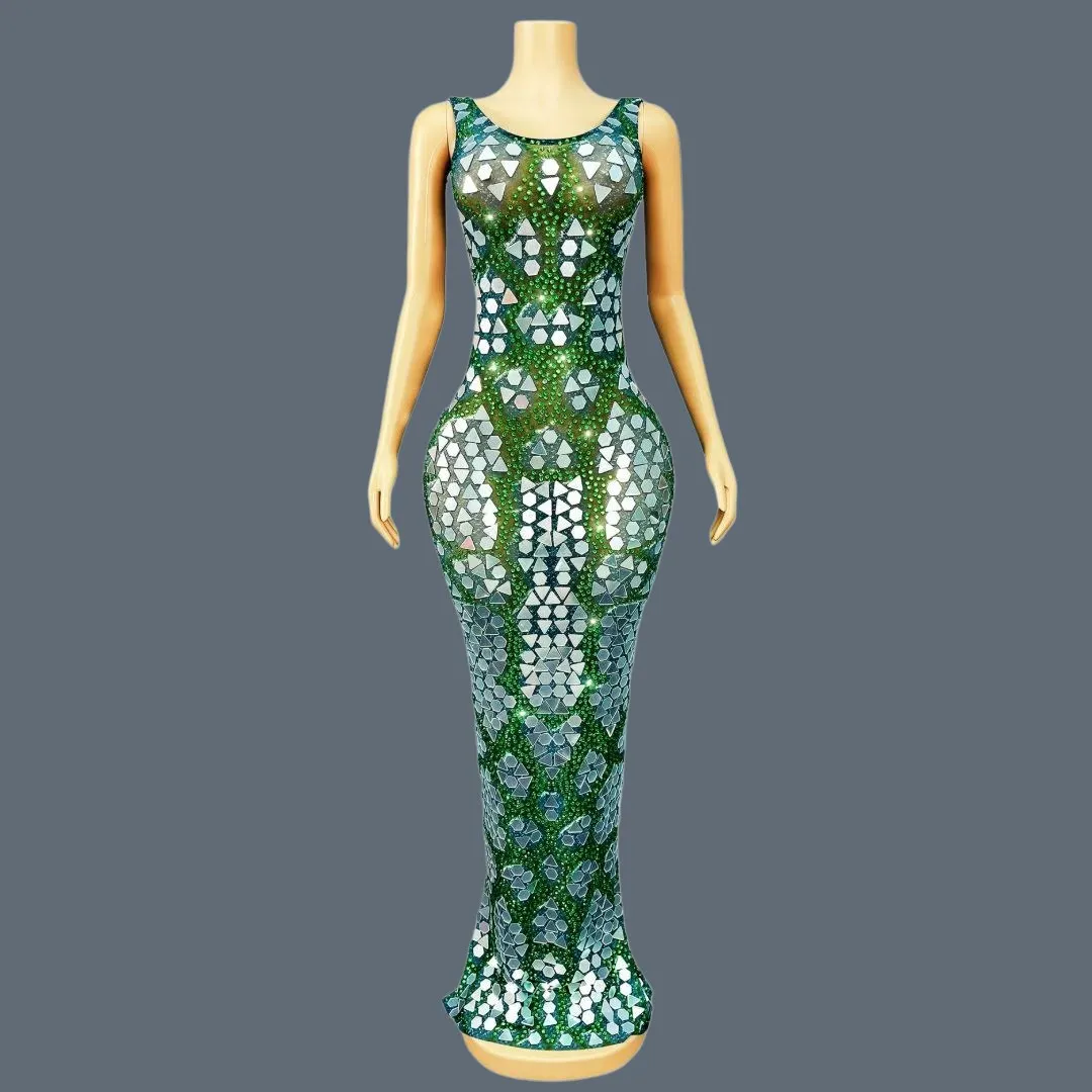 

Women Sparkly Rhinestone Green Mesh Evening Dress Party Birthday Mirrors Costume BarClub Stage Performance Wear Lvweijingpian
