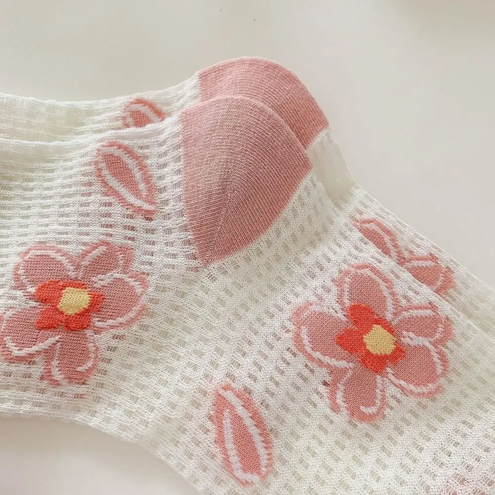

6Pairs Mesh Hollow Transparent Flower Socks Breathable Ruffle Mid Tube Socks Female Hosiery Ultra-thin Sweet Socks Women Lady