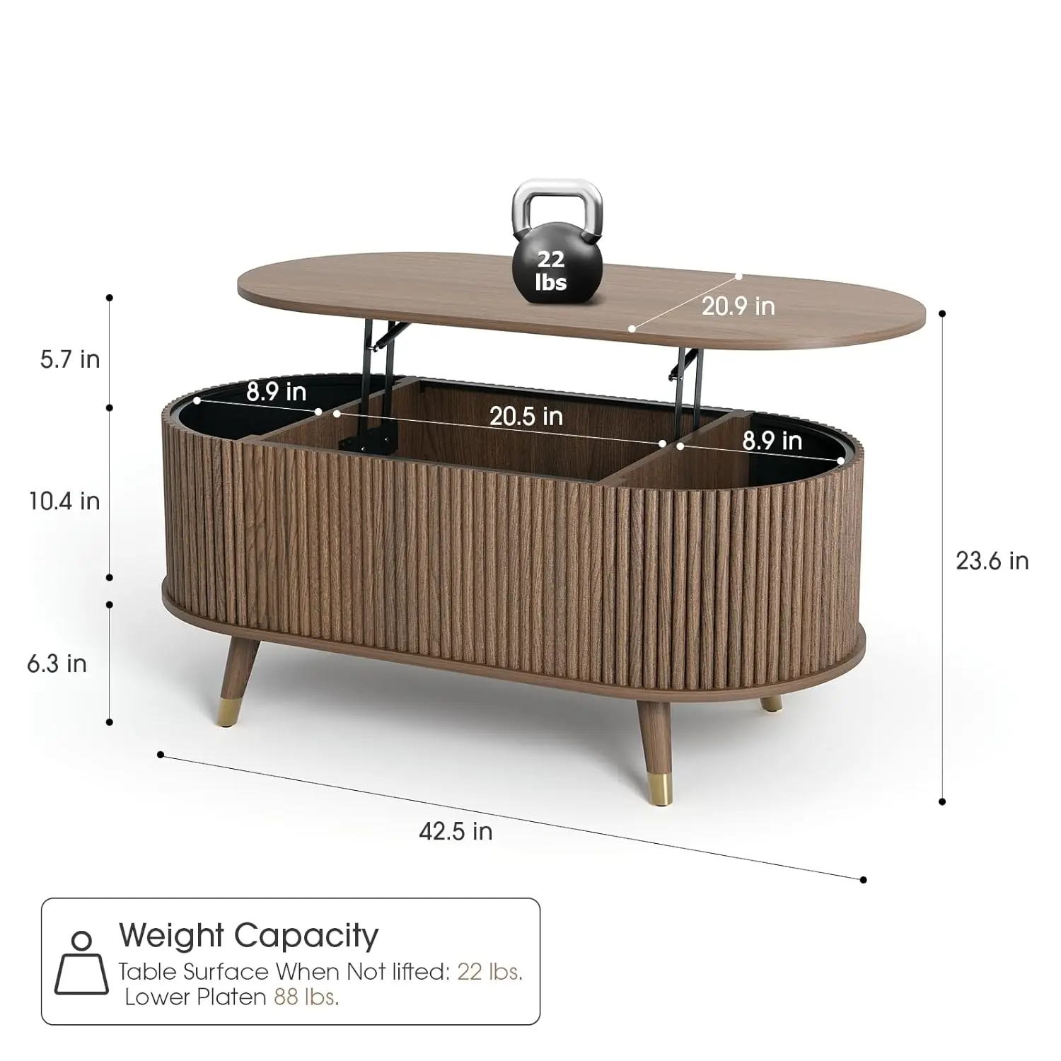 Tavolino da caffè ovale con piano sollevabile, tavolo centrale scanalato da 42,5 pollici con scomparto nascosto e gambe in legno massello, tavolino da caffè con accento moderno