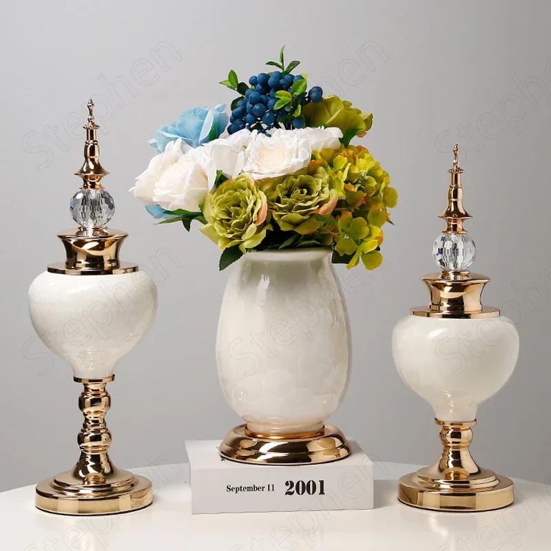 European White Gold Ceramic Vase French Classic Romance High Feet Flower Vases Living Room Desktop Flowers Pots Home Decoration