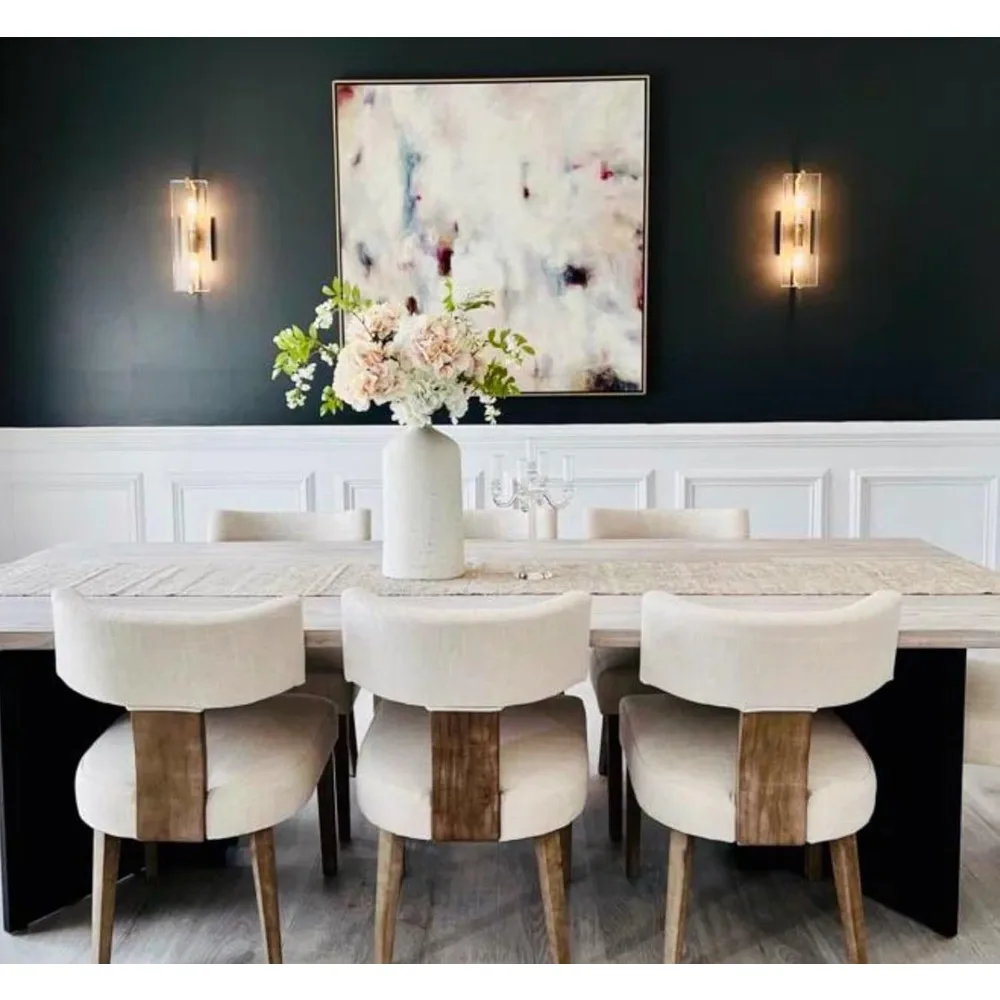 

A Set of 6 Dining Chairs, Farmhouse Linen Fabric Soft Cushion Curved Backrest Kitchen Chair