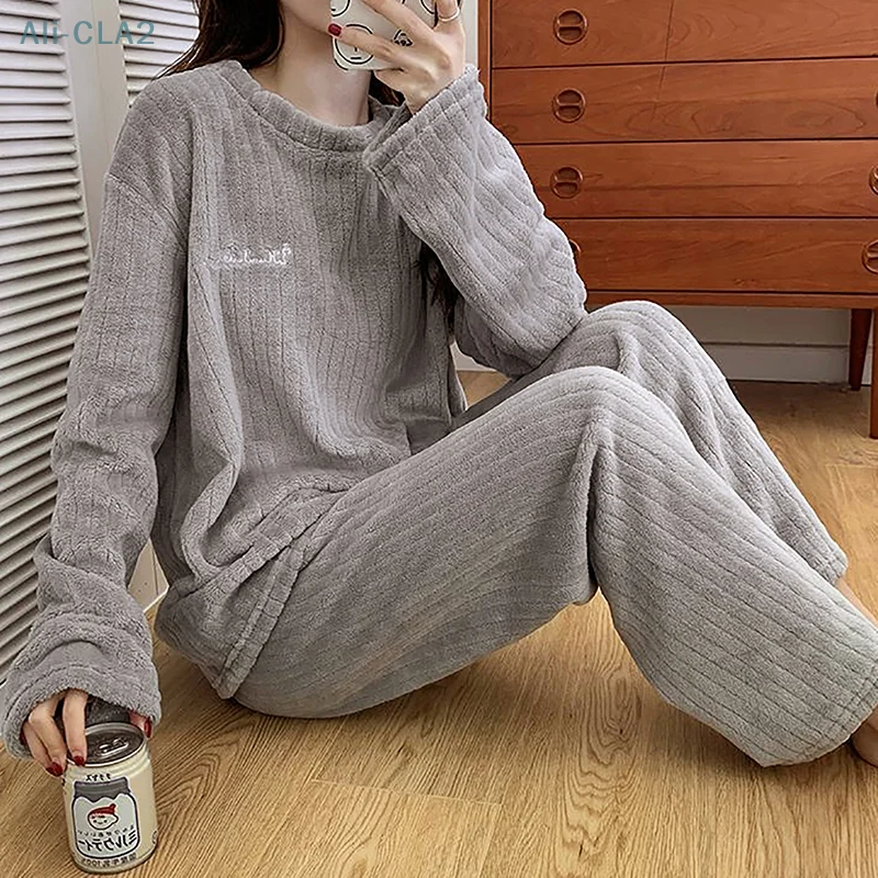 Women Winter Pajama Set Fleece Sleepwear Homewear Thick Warm Velvet Female Suit