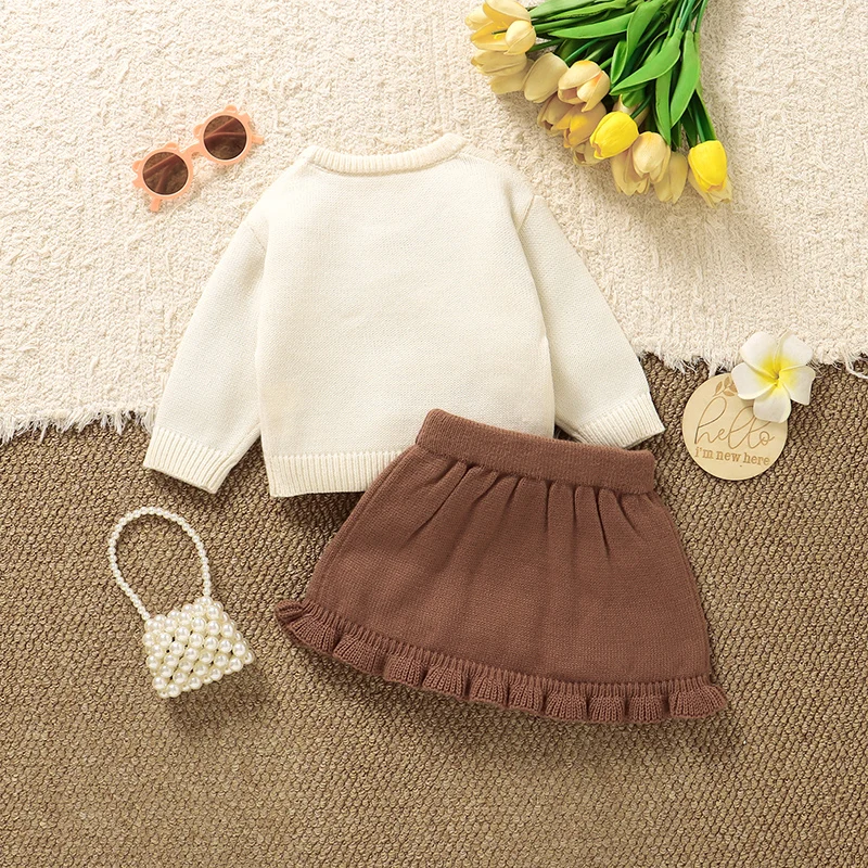 Baby Clothes Sets Knit Newborn Sweater Long Sleeve +Dress Autumn Infant Kid Pullover Cute Bows +Skirt Fashion Solid Ruffles 2PCS