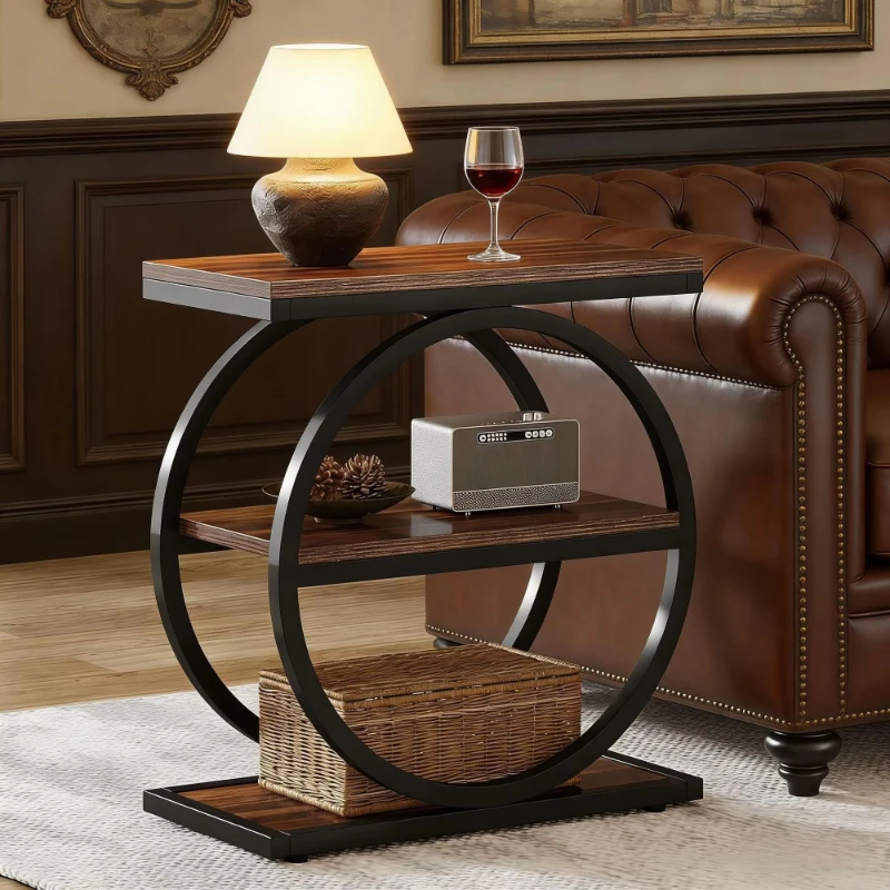 Industrial style three-layer console table round metal frame sofa side table