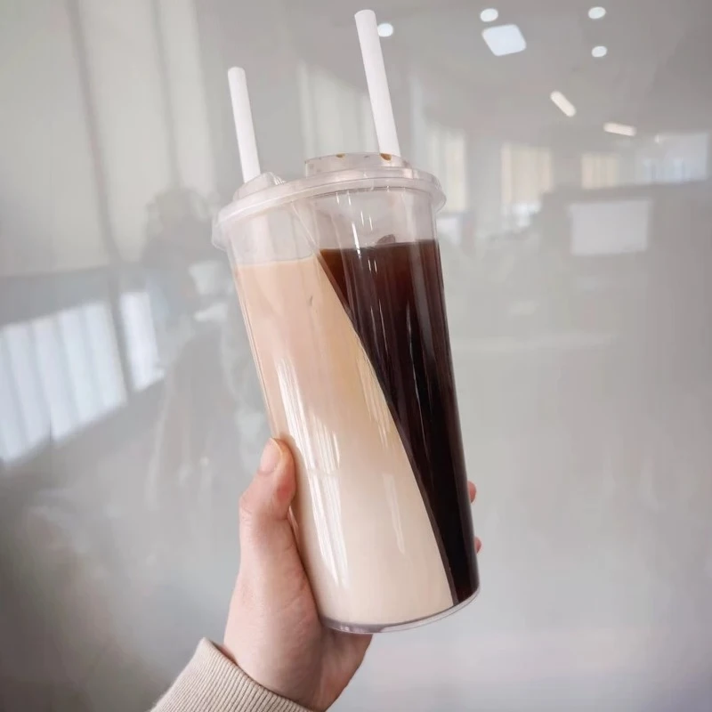 Double-Layer Leak-Proof Double Fight Milky Tea Cup Double Enjoy Cup One Cup Two Drink Plastic Thick