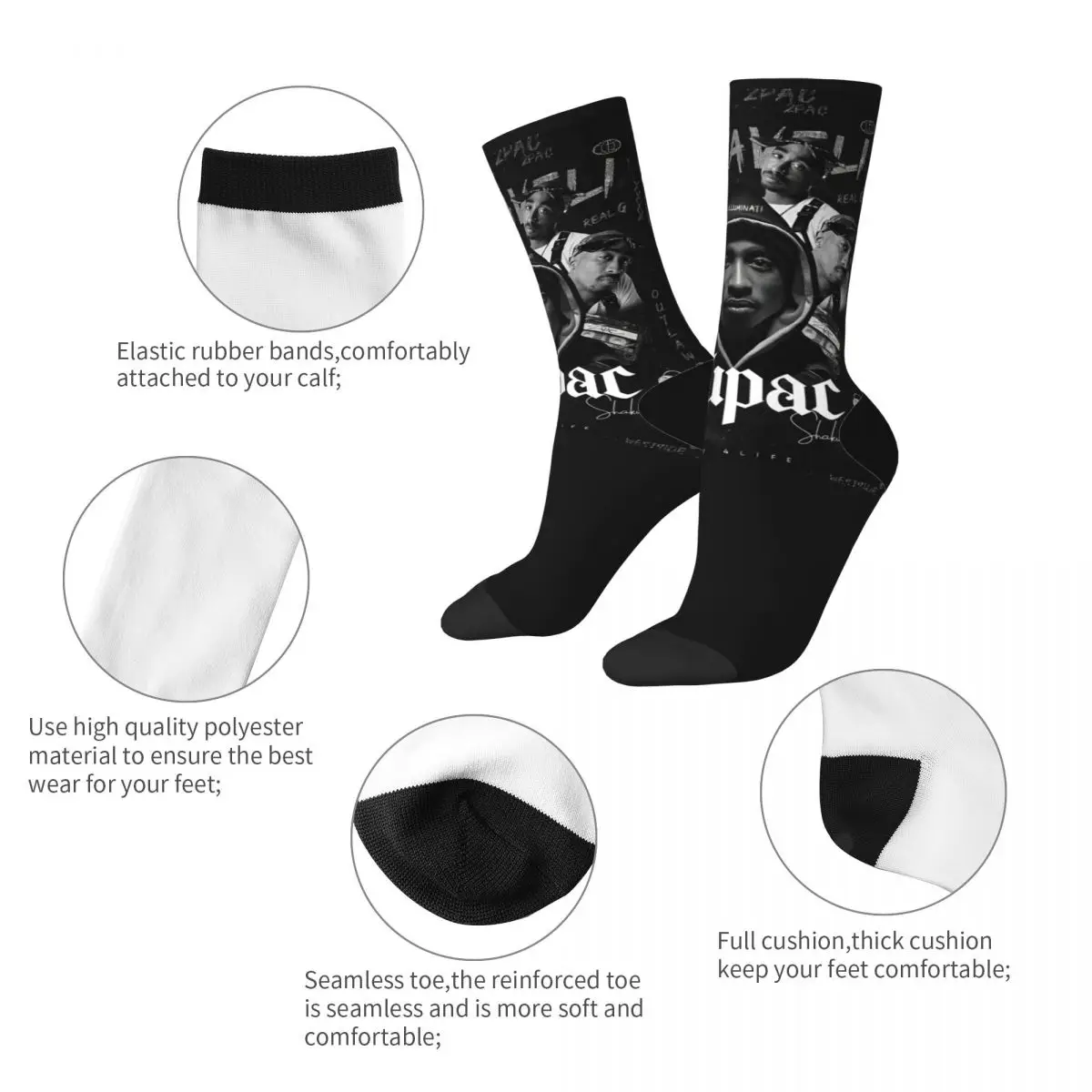 Hip-hop Retro Rapper Tupacs Basketball Socks Polyester Long Socks for Unisex Non-slip