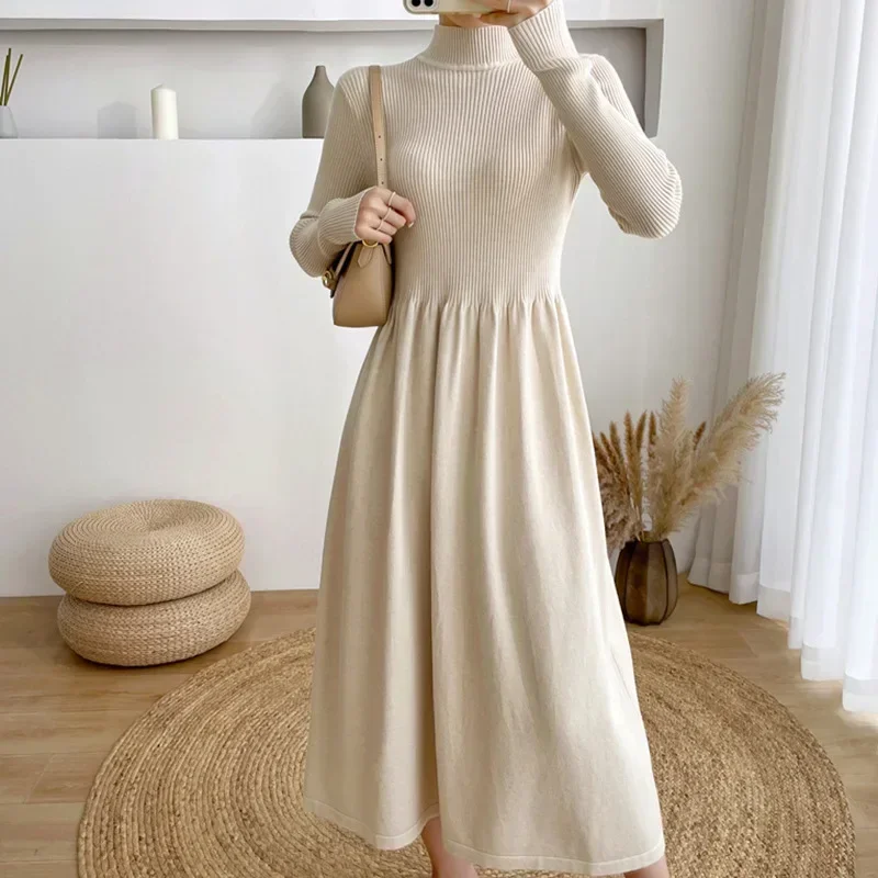 

Women Mock Neck Sweaters Dresses A Line Dress Full Sleeve Base Y2k Tops Knitted Loose Long Dresses Maxi Elegant Autumn Winter