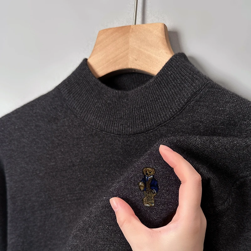

New Arrival Luxury Quality Men's Sweater Mock Neck Bear Embroidery Thicken Pullover Autumn Winter Soft Warm Business Men's Wear
