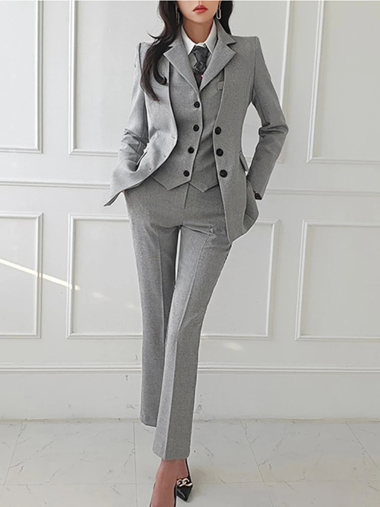 Elegant Women\'s Suit Vintage High Quality Office 3 Piece Set Lady Work Wear Pantsuits Formal Female Blazer Jacket Vest Trousers