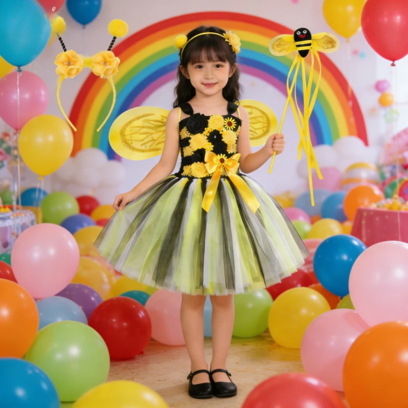 

Flowers Honeybee Costumes for Girls Honey Bee Fairy Princess Dresses with Wings Kids Halloween Christmas Outfit Birthday Clothes